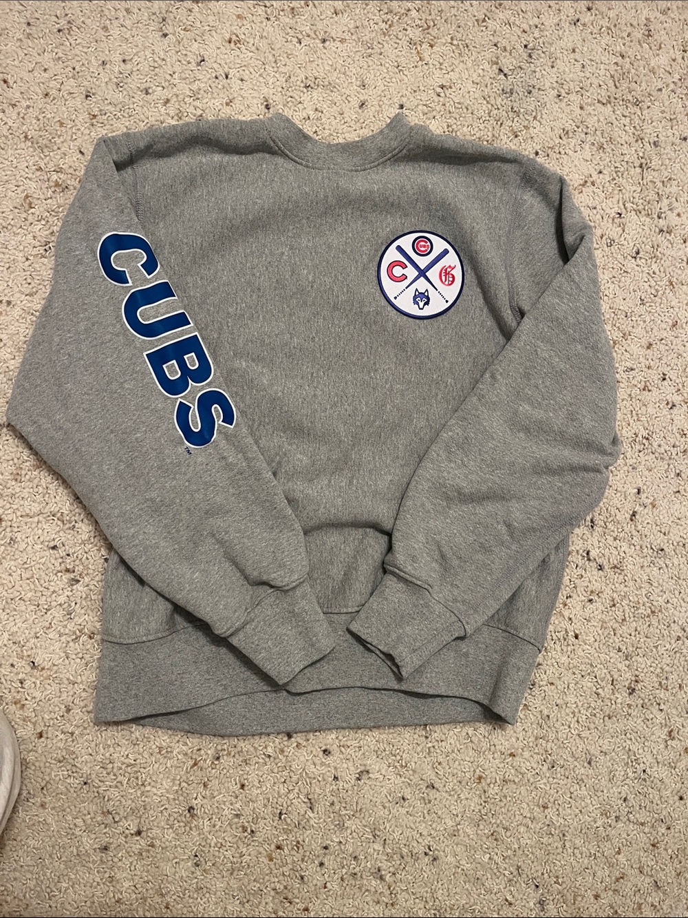 Greyson Grey Crewneck Sweatshirt with Blue 'CUBS' Sleeve Graphic